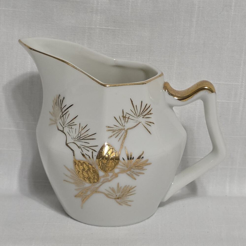 Vintage Japan Porcelain Creamer 18K Gold Pine Cone Pine Branches 4.5"